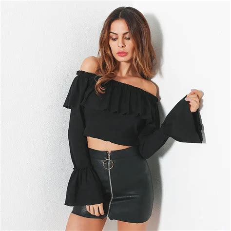 Ruffles Fashion Women Tops Sexy Off Shoulder Shirts Tunic Top Flare Sleeve Slash Neck Women T