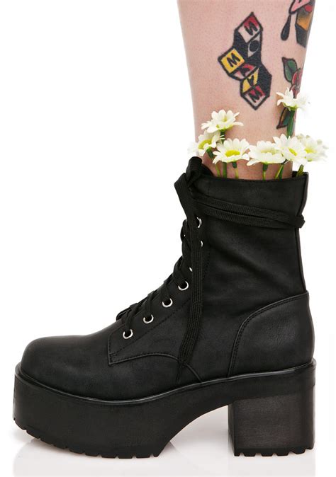 Black Pink Flower Grunge Combat Boots Dolls Kill