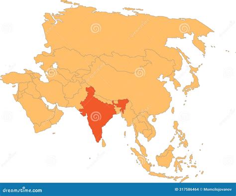 Highlighted Red Map Of India Inside Orange Map Of Asia With Low Details