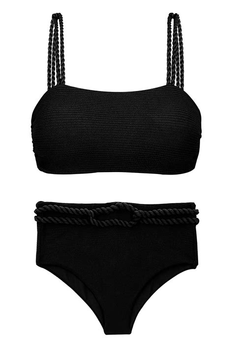 Black Textured High Waist Bikini Bottom With Twisted Rope Set St
