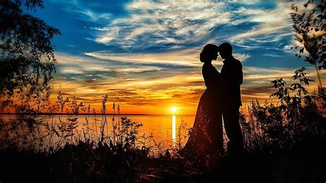 Hd Wallpaper Sunset Outdoors Dawn Nature Dusk Silhouette Couple Lovers Wallpaper Flare