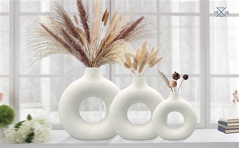 White Ceramic Vase Set 2 For Modern Home Decor Round Matte Pampas Flower Vases