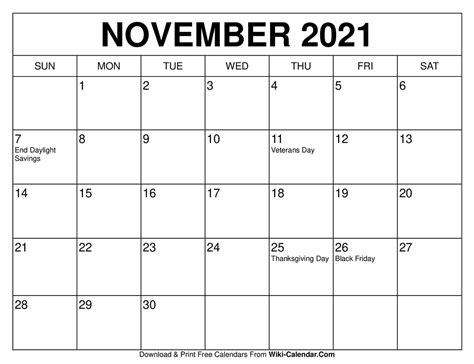 Printable Calendar Nov 2021