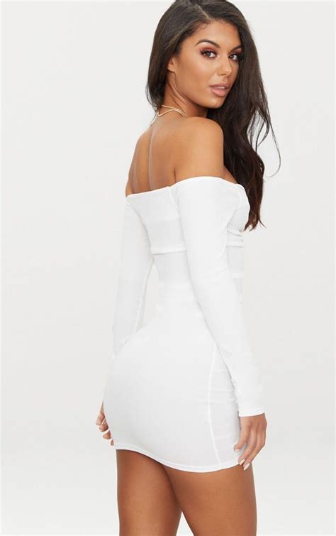 White Ribbed Long Sleeve Ruched Bodycon Dress In Ruched Bodycon