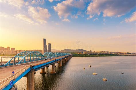Sunset Of Dongjak Bridge And Han River In Seoul City South Korea Stock