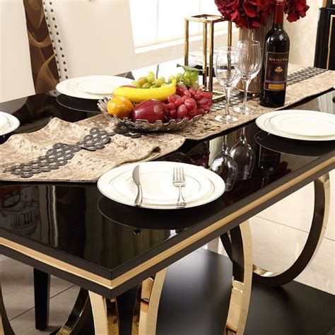 Luxury Black & Gold Finish Marble Dining Table Set | My Aashis