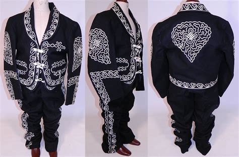 Vintage Childs Mariachi Charro Costume Suit Soutache Black White Wool