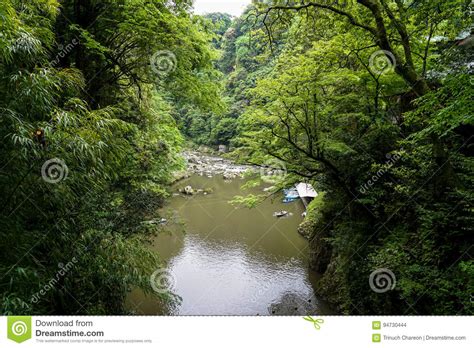 View Of Takachiho Gorge From Above Seeing River Boats At