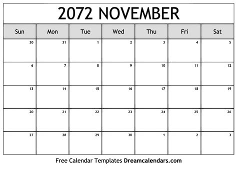 November 2072 Calendar Free Blank Printable With Holidays