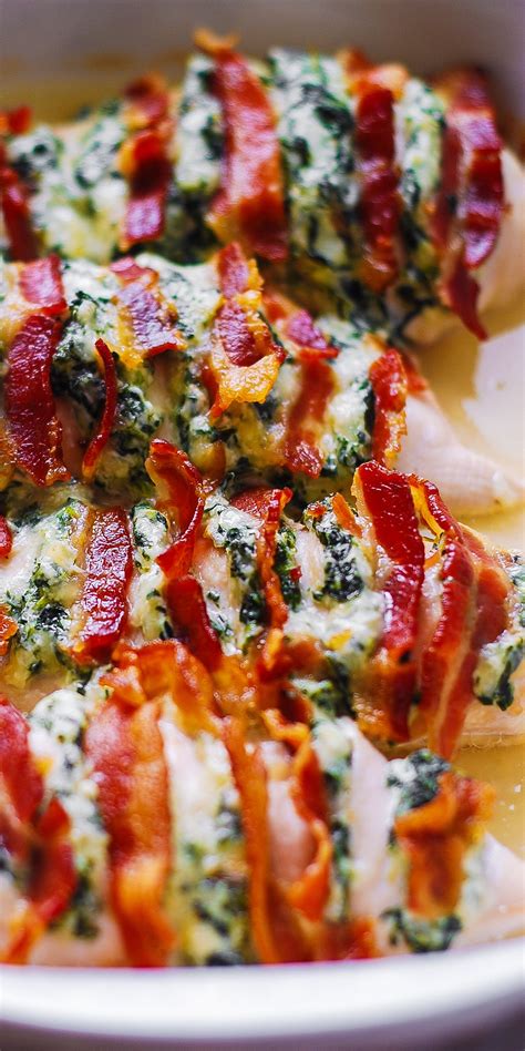 Hasselback chicken is ready in 30 minutes! Hasselback Chicken with Bacon, Cream Cheese, and Spinach ...