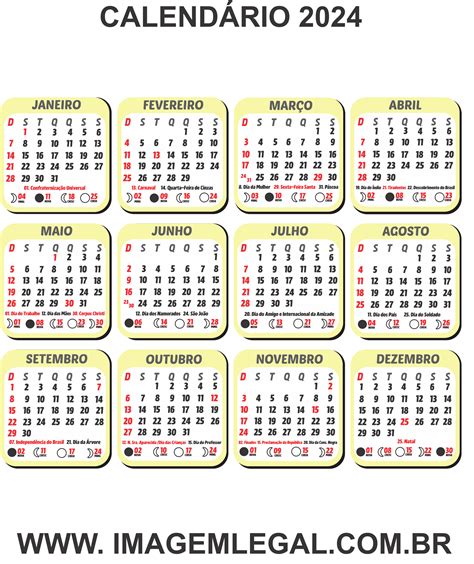 Calendário 2024 Amarelo Claro Grade Png Com Fases Da Lua E Feriados Com
