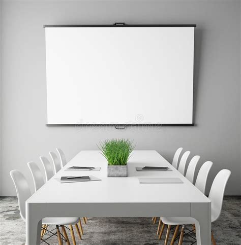 Mock Up Projection Screen In Meeting Room With Conference Table
