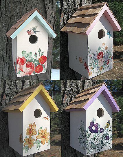 Botanical Print Cottage Series Collection Set Of 4 Bird Houses