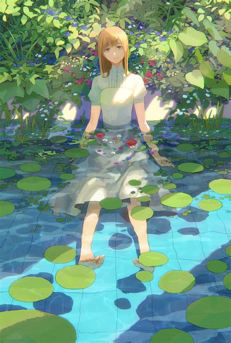 safebooru 1girl barefoot blonde hair dress highres hiko scape leaf lily pad looking at