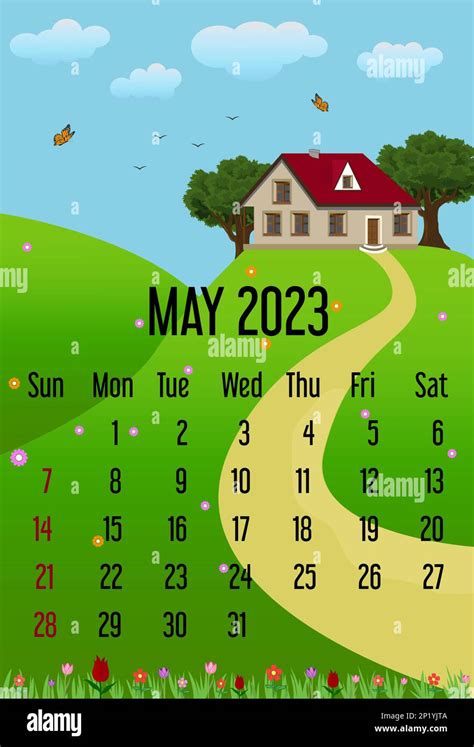 Calendar May 2023 Calendar Template With House Tree And Clouds