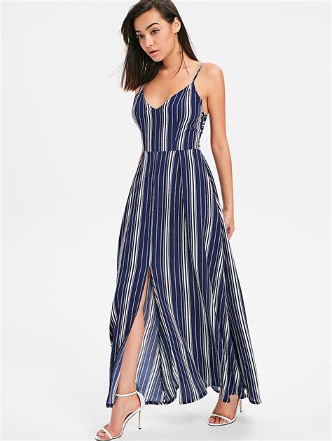 Wipalo Women Boho Dresses Cami Striped Maxi Dress Sexy Deep V Neck Back