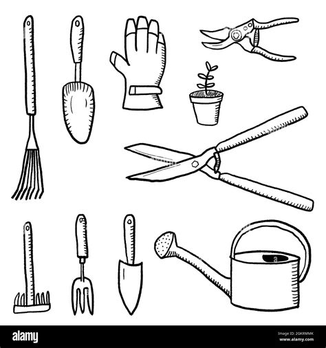 Gardening Tools Doodle Style Illustration Garden Hobby Equipment Isolated Vector Objects Stock