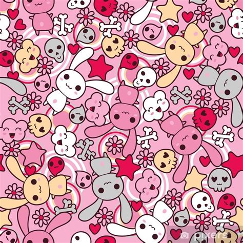Sticker Seamless Pattern With Doodle Vector Kawaii Illustration