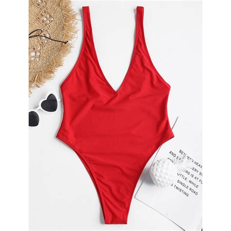 Red One Piece Swimsuit Plunge Unlined High Cut Swimwear Women Swimsuit
