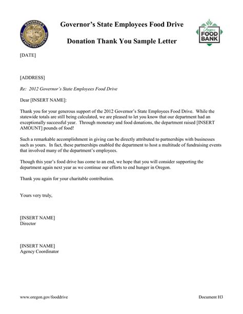 Governors State Employees Food Drive Donation Thank You Sample Letter