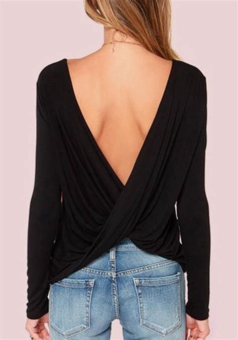 Free Shipping Black Irregular Backless Round Neck Long Sleeve T Shirt