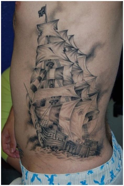 Frigate In Sea Tattoo On Ribs Tattooimagesbiz