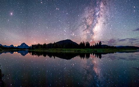 Nature Landscape Starry Night Milky Way Lake Reflection Mountains