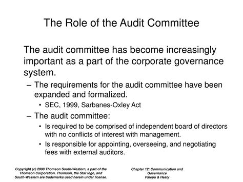 The role of an internal audit is to test that those controls are effective. PPT - Chapter 12: Communication and Governance PowerPoint ...