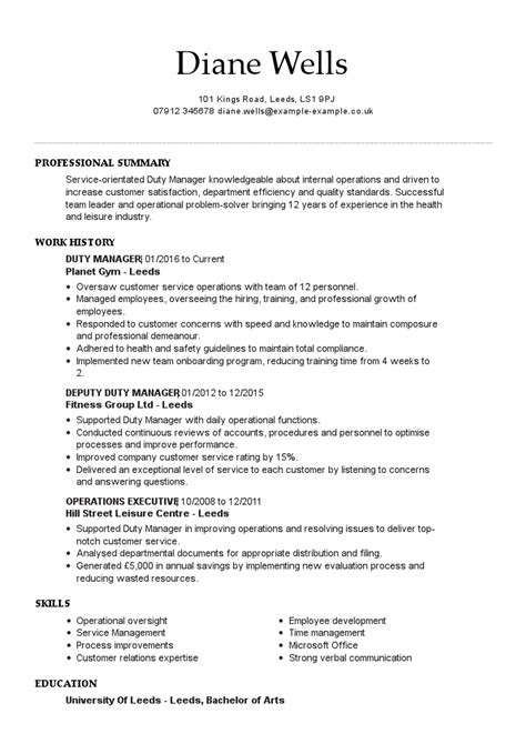 Get Hired With Top Duty Manager Cv Examples Myperfectcv