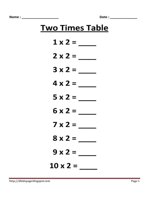 2 Times Tables Worksheet Printable