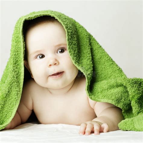 Cute Happy Baby Hiding Between Green Blankets Stock Photo Image Of
