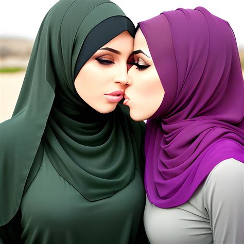 Two Sexy Hijab Babes Model Face Green Eyes Kissing Eachother Arthub Ai