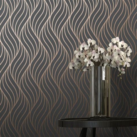 Shimmer Indulge Wallpaper Charcoal Copper 50030 Living Room