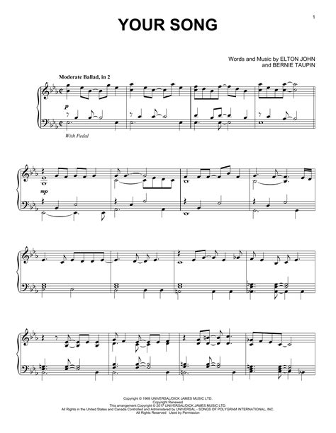 Your Song Sheet Music Elton John Piano Solo