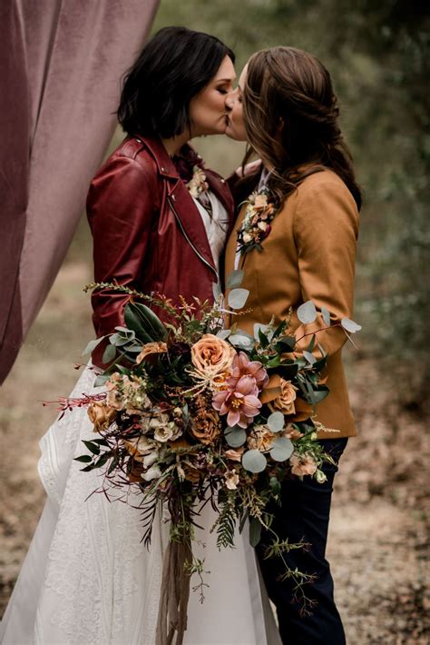 Floral Bohemian Mauve And Tan Moody Wedding Inspiration Lesbian Bride