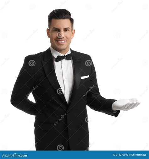 Handsome Butler In Elegant Uniform On White Background Stock Image