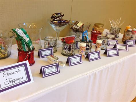 A variety of flavors, including fudge brownie, lemon, and carrot cake with two layers of new york style cheesecake with boston cream filling and chocolate ganache topping. Glencoe City Center, Cheesecake Bar, Toppings, Purple ...