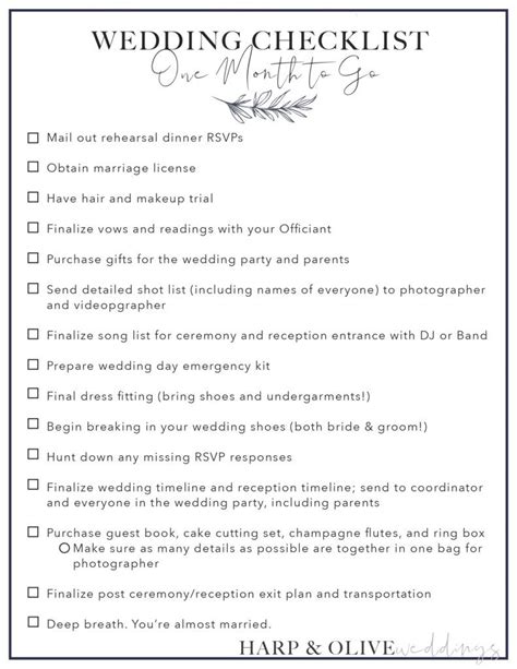 One Month Pre Wedding Checklist Wedding Checklist Wedding Planning