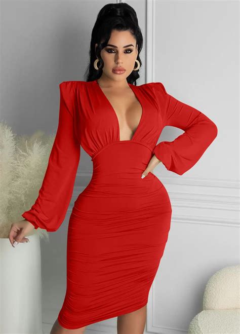 Gobles Women S Sexy Deep V Neck Long Sleeve Ruched Bodycon Midi Party Dress