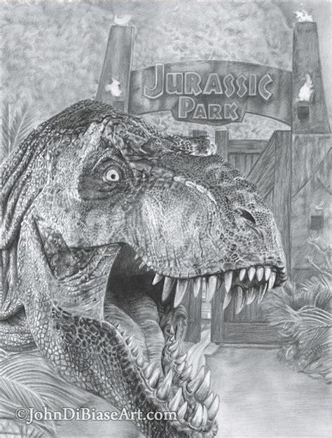 The T Rex And Entry Gates Of “jurassic Park” Freehand Graphite And Colored Pencil Drawing