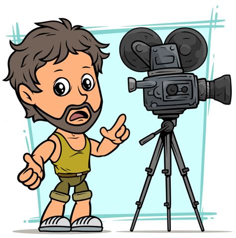 Cartoon Bearded Boy Character With Movie Camera Premium