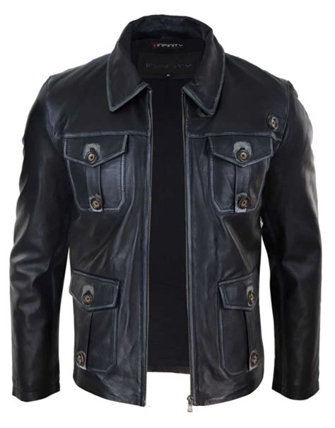 Mens Black Leather Jacket with Racing Stripes - Black Color | Happy ...