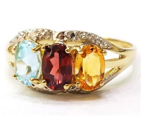 10kt Yellow Gold Natural Oval Multi Gemstones And Diamond Ring Etsy