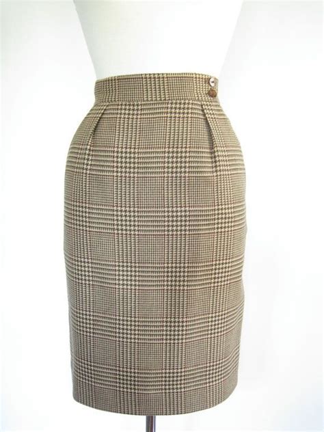 Tan Houndstooth Wool High Waisted Pencil Skirt Size Extra Etsy