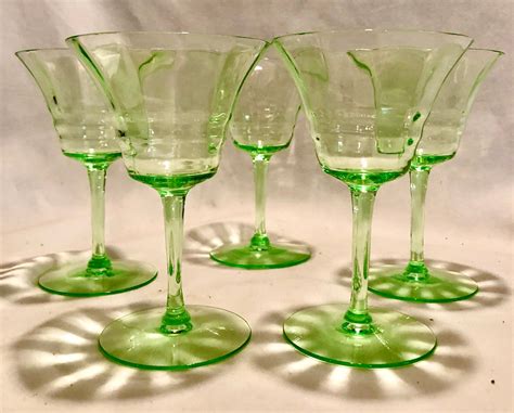 Vintage Green Vaselineuranium Depression Glass Winecocktail Glasses