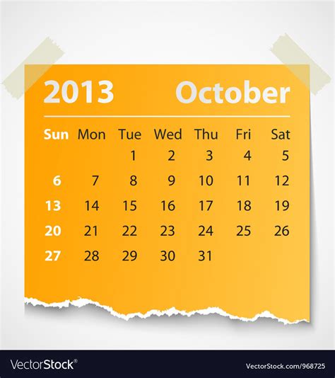 2013 Calendar October Colorful Torn Paper Vector Image