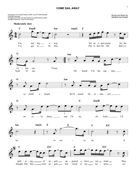 Styx Come Sail Away Sheet Music