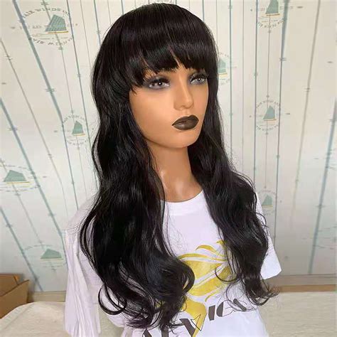 Long Black Wavy Wig Black Wig With Bangs Natural White Women Etsy