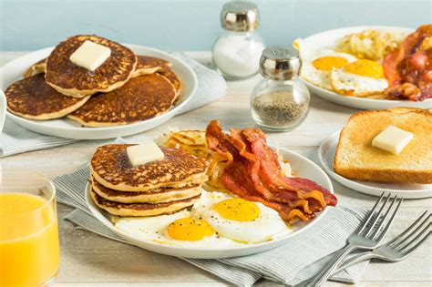 Healthy Full American Breakfast With Eggs Bacon And Pancakes Full