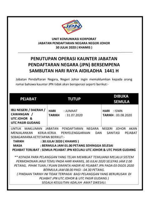 Box 780, 80990 johor bahru tel: Jabatan Pendaftaran Negara Johor Temujanji